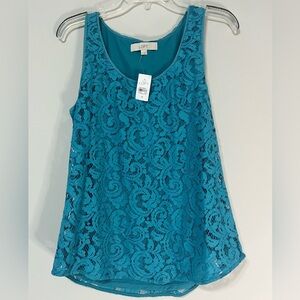 LOFT Women's Teal Lace Sleeveless Tank Top Size M Round Neck (E)